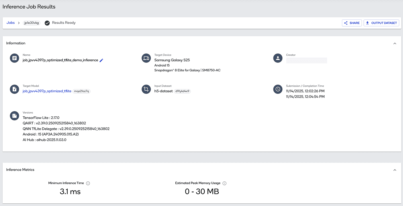 Screenshot of an Inference Job page from AI Hub Workbench.