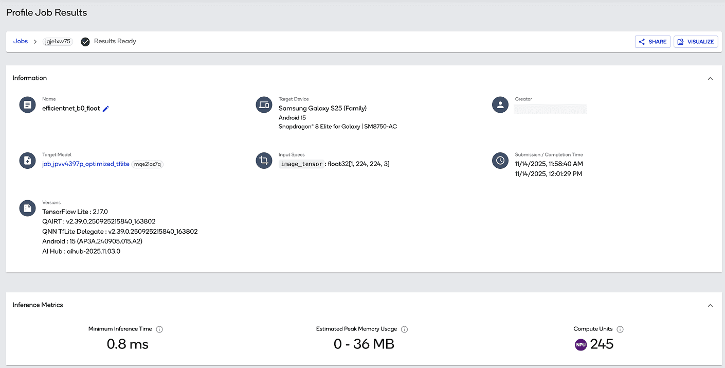 Screenshot of a profile job on AI Hub Workbench showing active NPU usage.